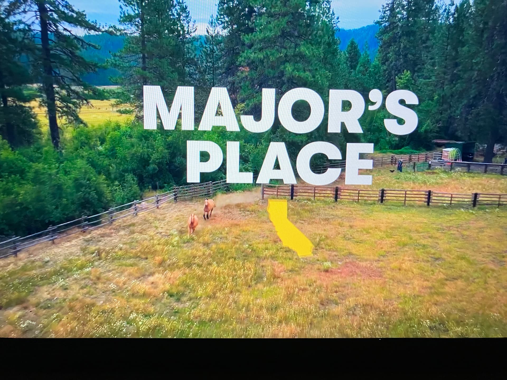 Aerial view of the Major’s Place pasture with the episode title card