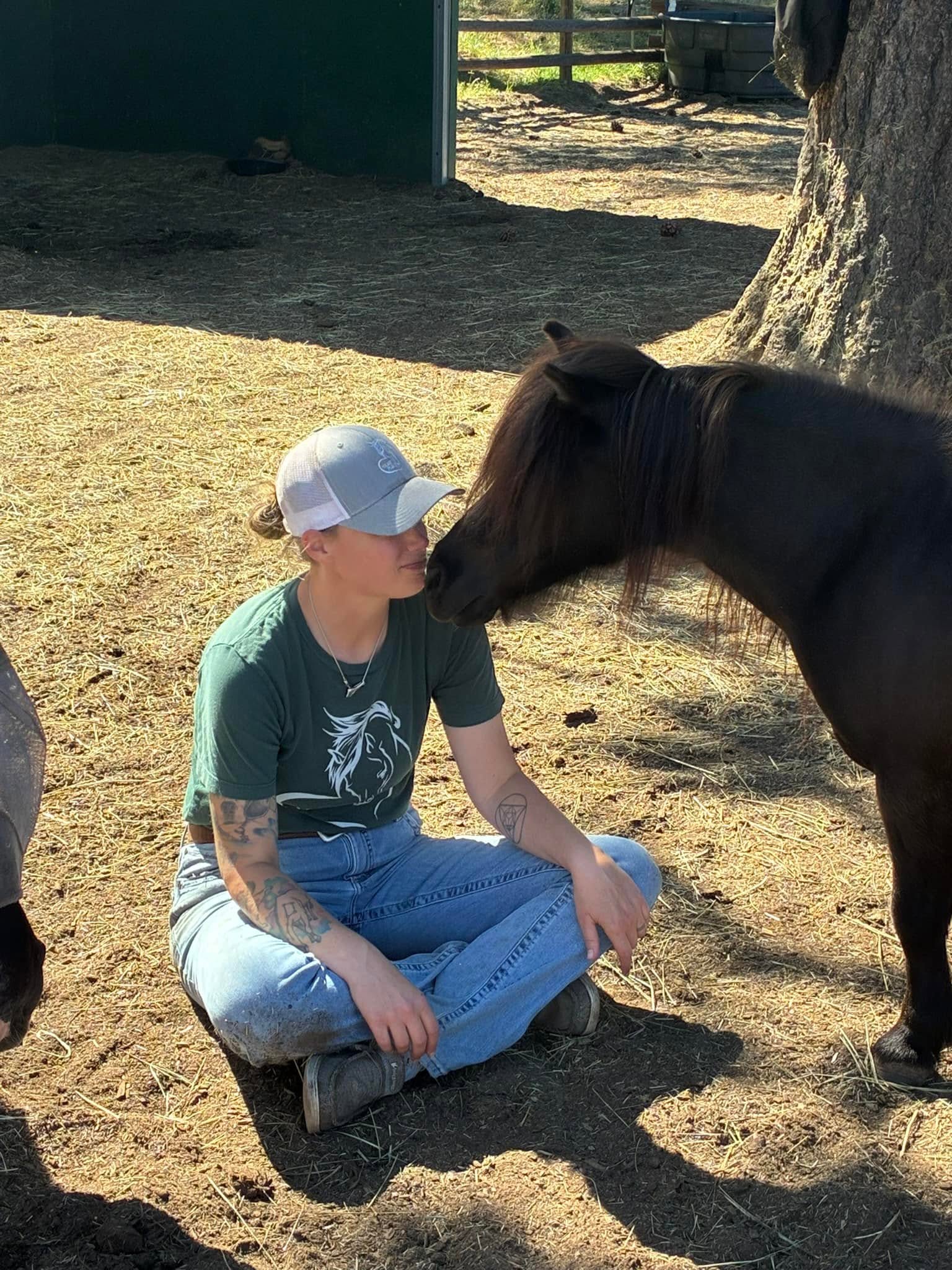 A child with Goose the mini horse